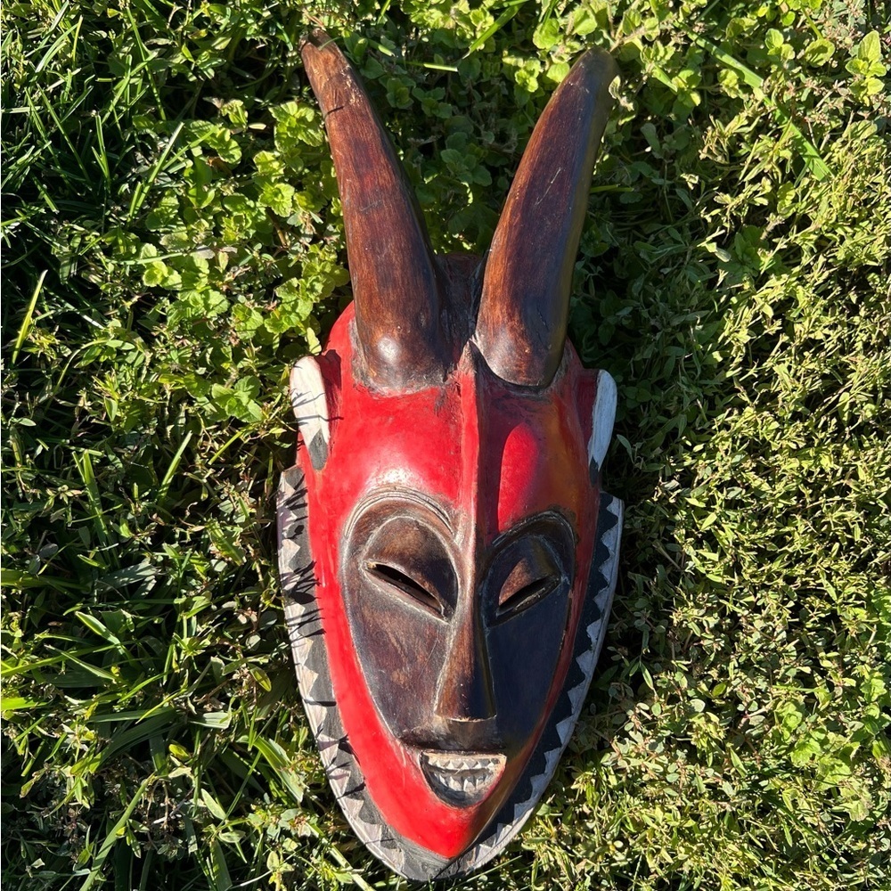African Tribal Hand Carved Wooden Wall Hanging Mask Vintage Red Horn Face Decor